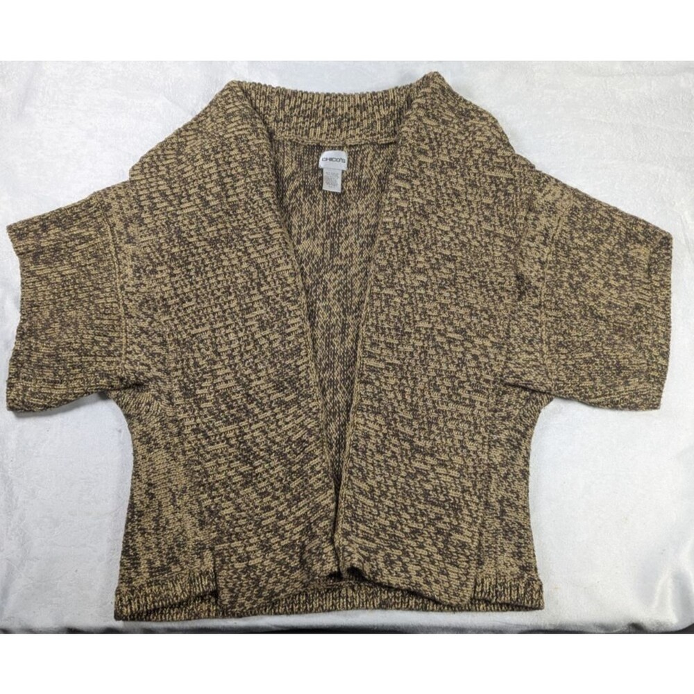 Chico's Size 3 XL 16/18 Brown Gold Metallic Short Sleeve Open Shawl Cardigan